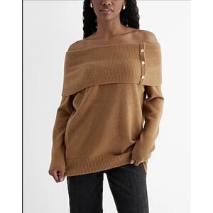 Express Sweater Womens S Tan Novelty Button Off‎ The Shoulder Oversized NWT